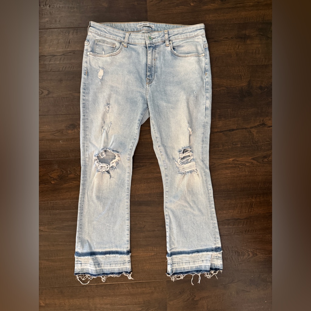 Zara Light Blue Distressed Straight Leg Jeans Cropped Distressed Y2k Pants Denim